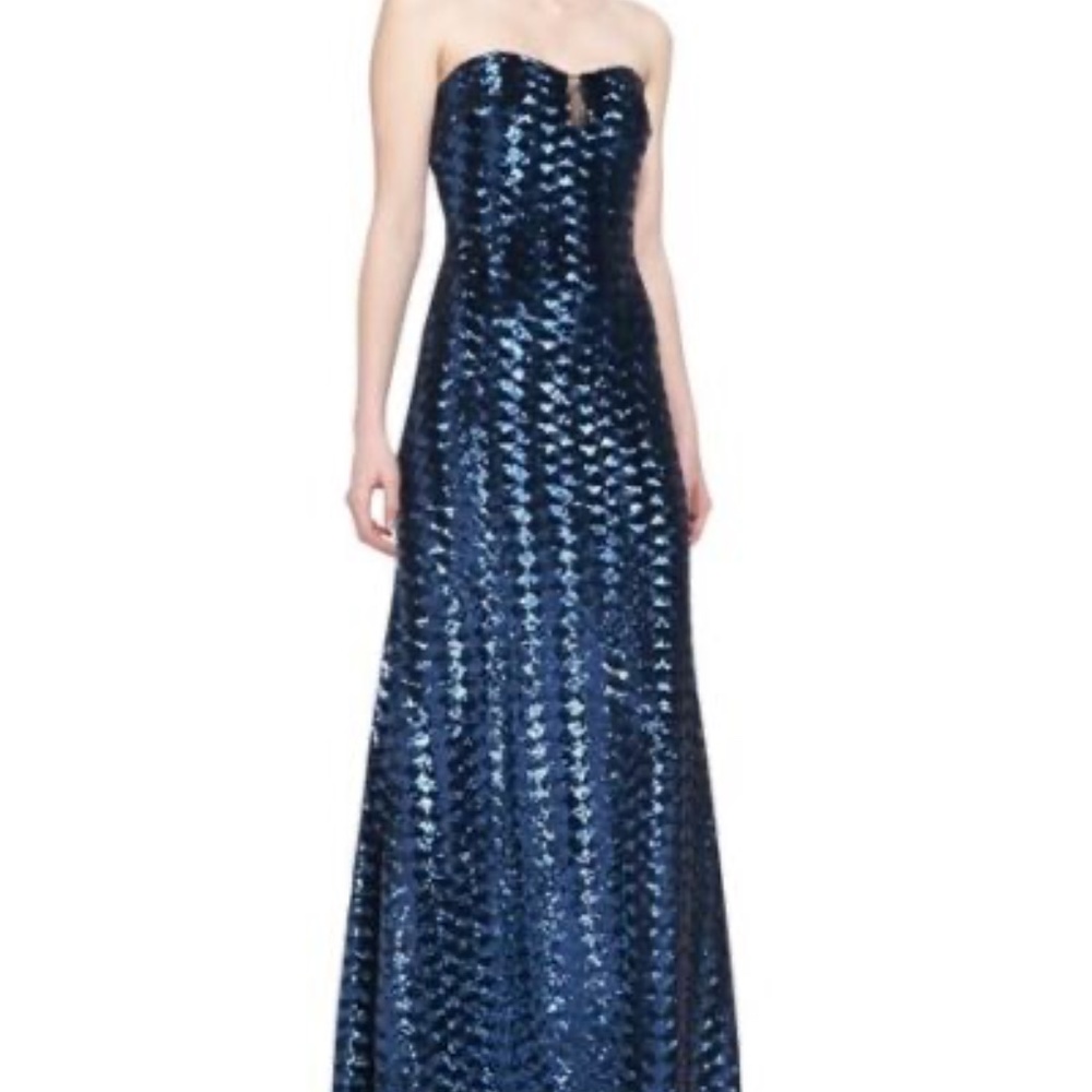 Badgley Mischka Navy Sequin Strapless Prom Gown